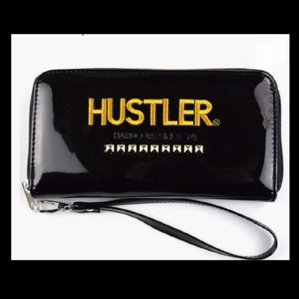 Hustler Black Patent Faux Leather Wristlet or Cosmetic Bag